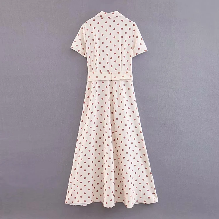 Женское платье макси с поясом летнее в ретро-стиле горошек отворотами и