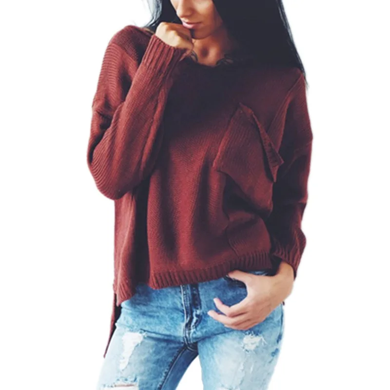 Casual V-neck Knitted Sweater Women Autumn Sweaters Pullover Female Pocket Side Split Jumper Pullovers | Женская одежда