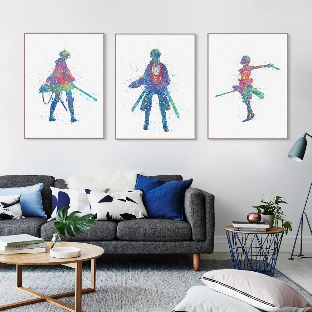 Акварель японская анимация атака на Титанов холст художественный плакат печать