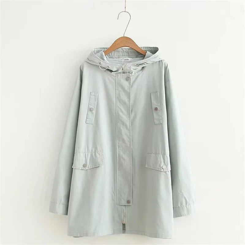 light green Модный женский плащ большого размера, весна, однотонная ветровка с капюшоном, Женские повседневные топы, хлопковый плащ розового цвета G62 - Цвет: light green