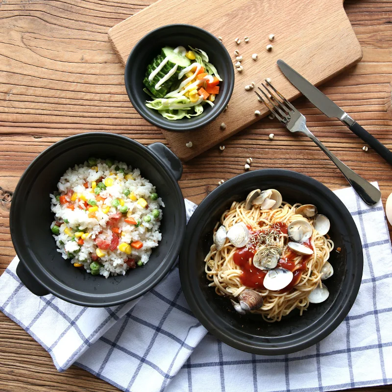 

Brand Ceramic Plate Dish High Quality Porcelain Frost Round Salad Cutlery Black Double Handgrips Dishes & Plates 1 Pieces