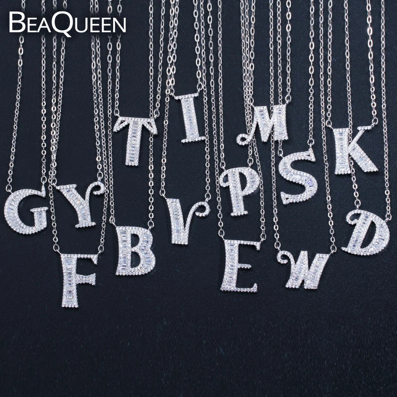 BeaQueen Мода багет кубического циркония 26 Письмо имя кулон ожерелья для мужчин и