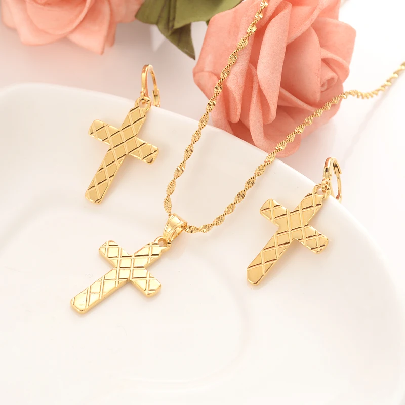 gold cross Pendant Necklace chain Earrings sets Jewelry Gold Christian jewelry for women girl Best Jesus Gifts souvenir | Украшения и