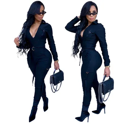 blue jumpsuit Adogirl Женский спортивный комбинезон с карманами, на молнии, с отложным воротником, с длинным рукавом, повседневный комбинезон, обтягивающие штаны, спортивный костюм, комбинезоны с поясом - Цвет: blue jumpsuit