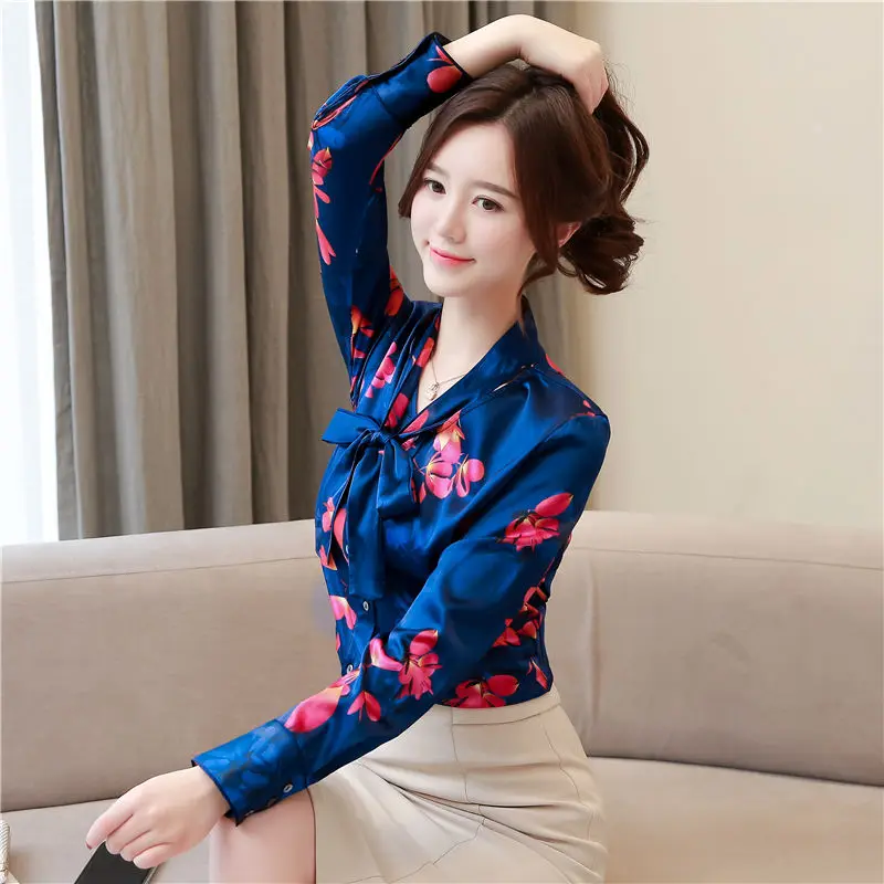 

Spring 2019 New women tops fashion Long-sleeve Printed Lady V-neck Shirt with Butterfly-knot office Lady chiffon blouse 2826 50