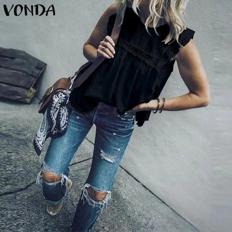 VONDA, Женская туника, летняя блузка, без рукавов, топы, кружева, полый топ, рукав бабочка, кисточка, размера плюс, сексуальная блуза, Повседневная рубашка