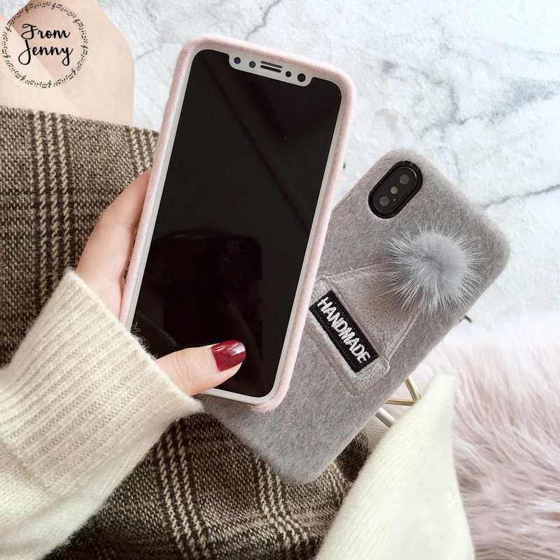 От Jenny 2018 зимняя теплая шапка для телефона чехол iPhone 6 7 8 10 7plus 8plus 6s X мягкая ткань
