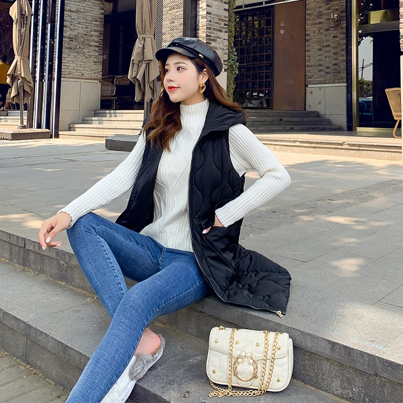 Women Hooded Long Vest Jacket Gilet Sleeveless Waistcoat Women's Outerwear with Hood