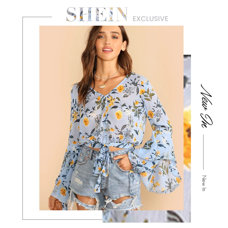 SHEIN блуза с рукавами-колокольчиками и узлом спереди с растительным принтом Гламурные женские синие топы с v-образным вырезом и длинным рукавом на весну и осень
