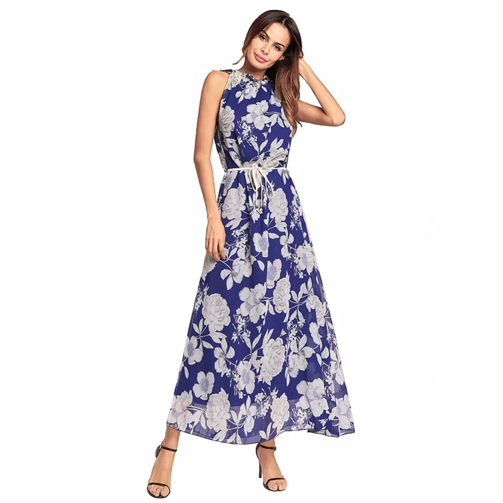 

2018 spring Bohemian style The sand beach dress empire sleeveless print dress