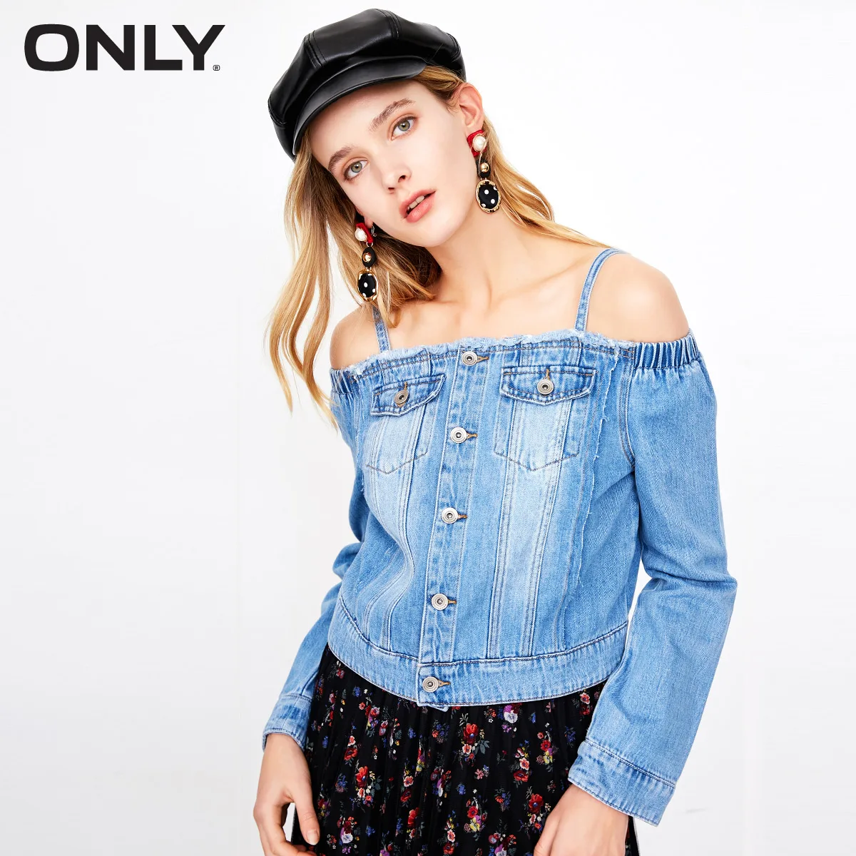 

ONLY Women's Off-the-shoulder Shoulder Straps Short Denim Jacket |118154516