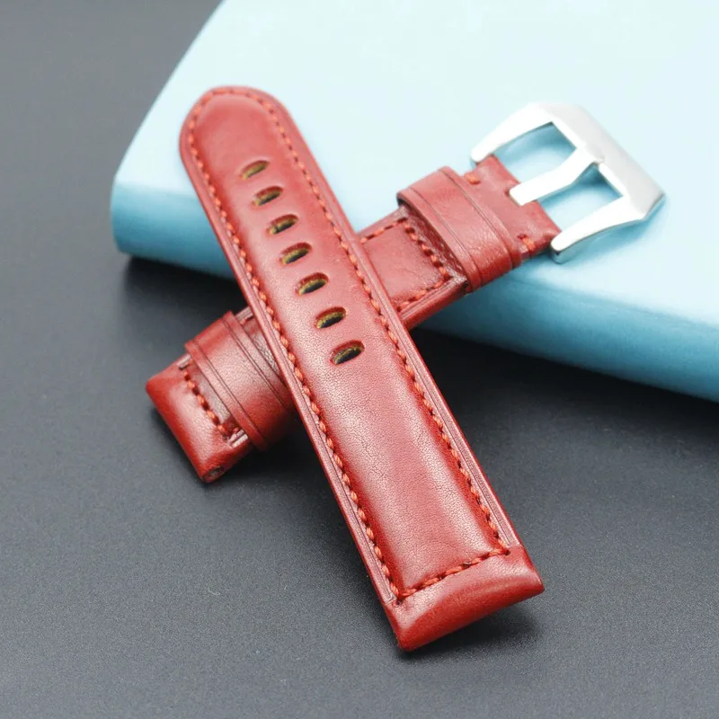 24mm Watchbands Retro Red Genuine Leather Watch band Strap watch accessories bracelet stainless steel buckle for Panerai | Наручные часы
