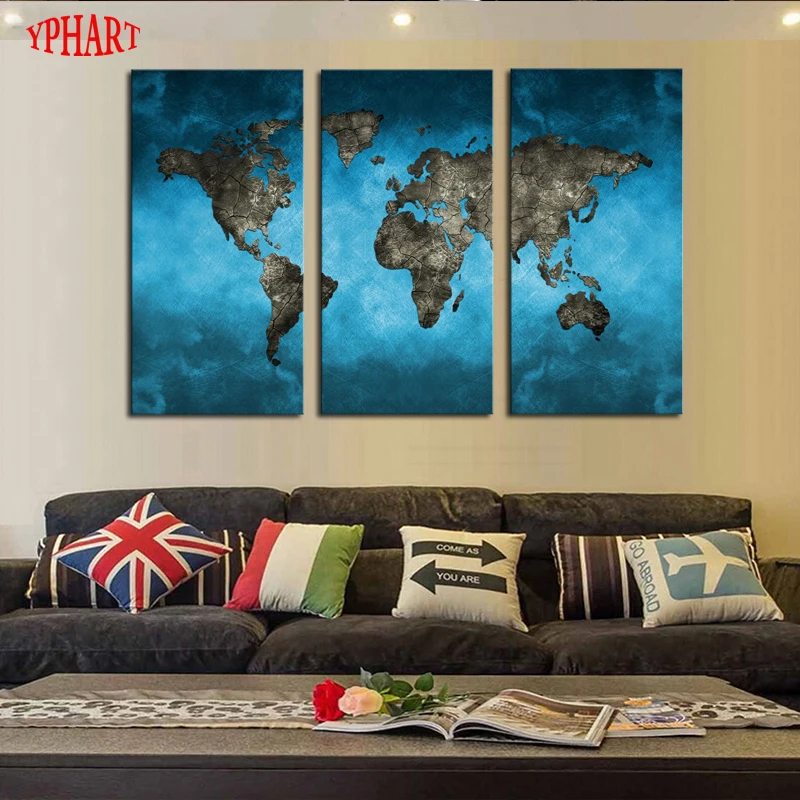 3 Панели без рамки абстрактная синяя карта пейзаж HD картина холст печать живопись