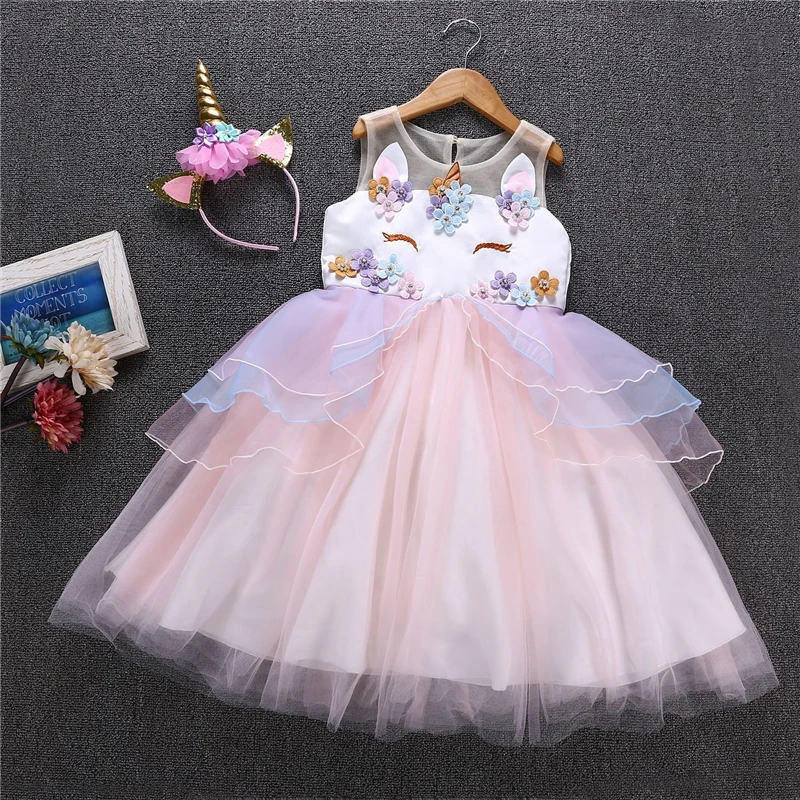 Summer Girl Unicorn Birthday Party Tutu Dress With Matching Headband Flowers Girls Pony Theme Halloween Costume | Детская одежда и
