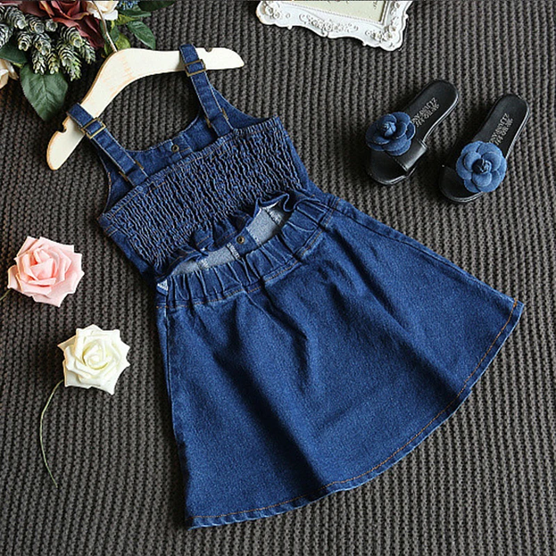 Children suspenders baby girls korean fashion Hawaii style backless denim blue spaghetti strap dress party cowboy a-line | Детская