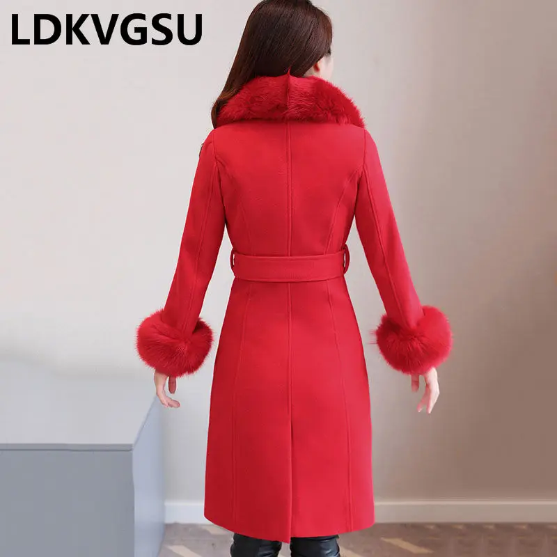 

2018 Artificial Fur Collar Wool Coats Women Winter Thicken Woolen Coats Fashion Warm Slim Blends Wool Jackets Overcoats Is1460
