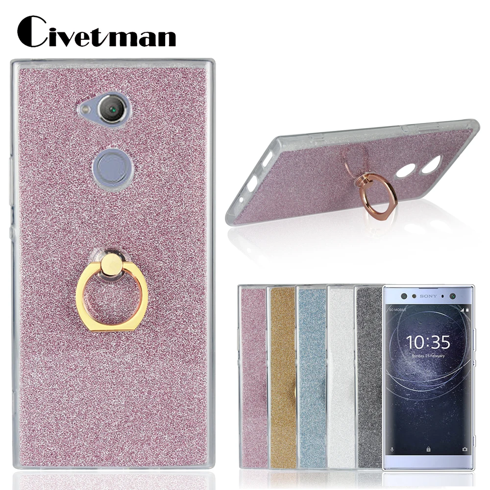 Cover Phone Case For Sony Xperia XA2 Ultra 6.0&quot TPU Silicone Transparent Shell + Flash Glitter Powder Sticker Metal Finger Ring |