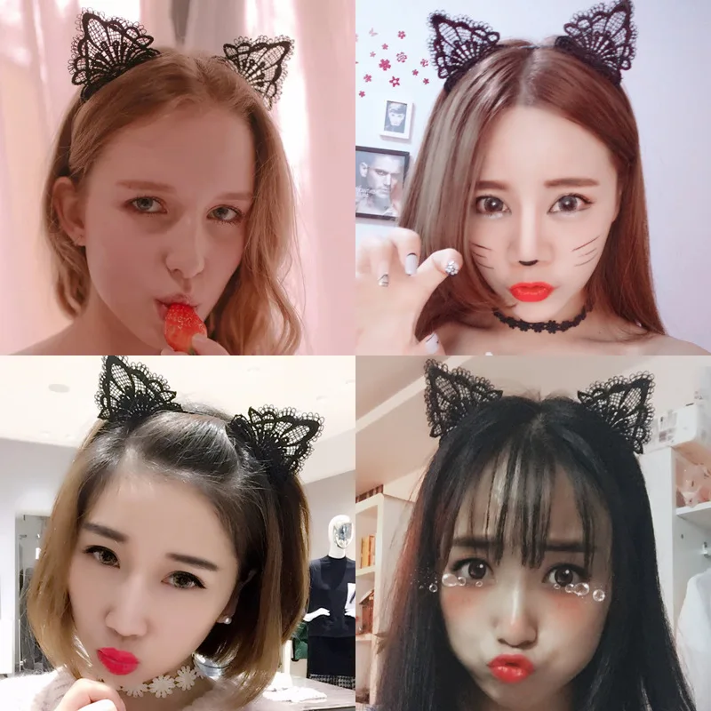 

For Women Black Cat Ears Head Bezel Fashion Lace Lady Girl Hairband Sexy Self Headband Baby Birthday Party Hair Accessories