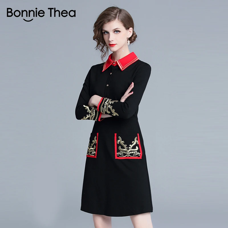 

Женское черное вечернее платье Bonnie Thea с вышивкой, женское осеннее Элегантное короткое платье, женское винтажное мини-платье, 2018