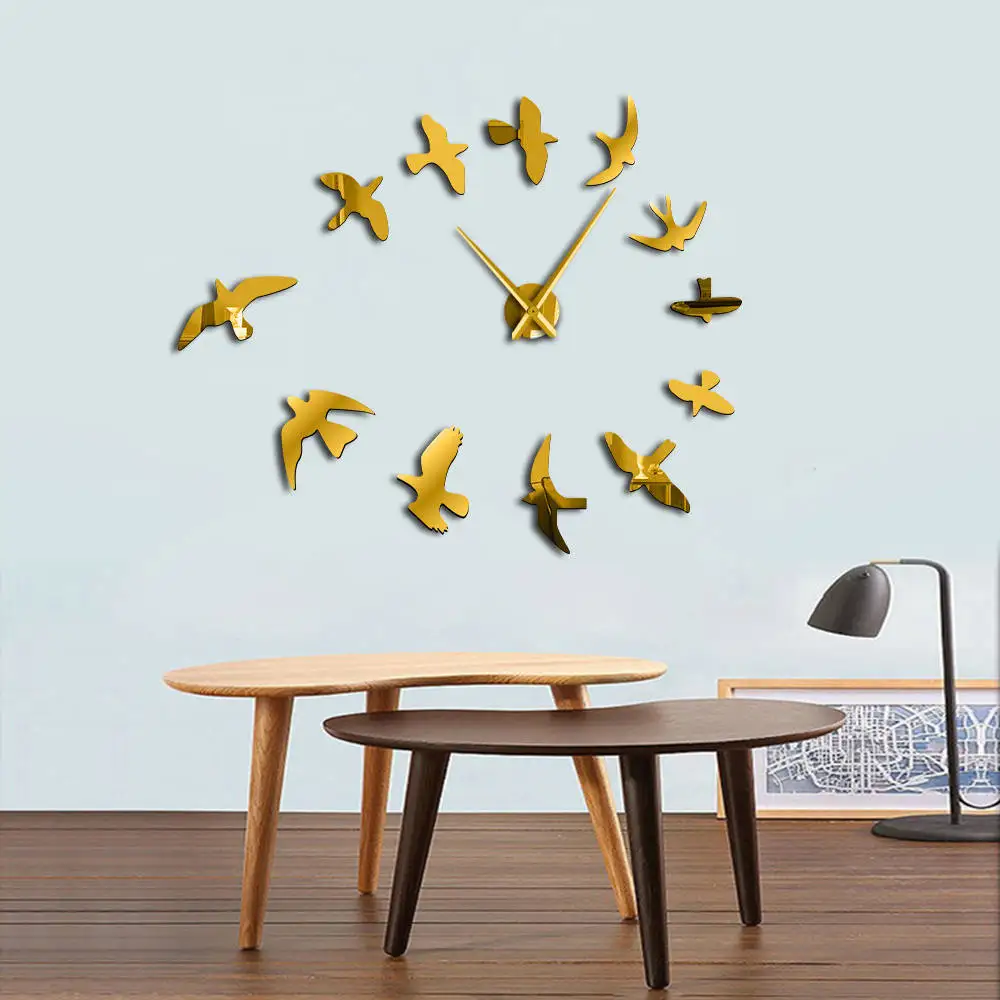 Modern Design Luxury Frameless DIY Large Decorative Mirror Wall Clock with Flying Birds - Nature Room Decor image 6