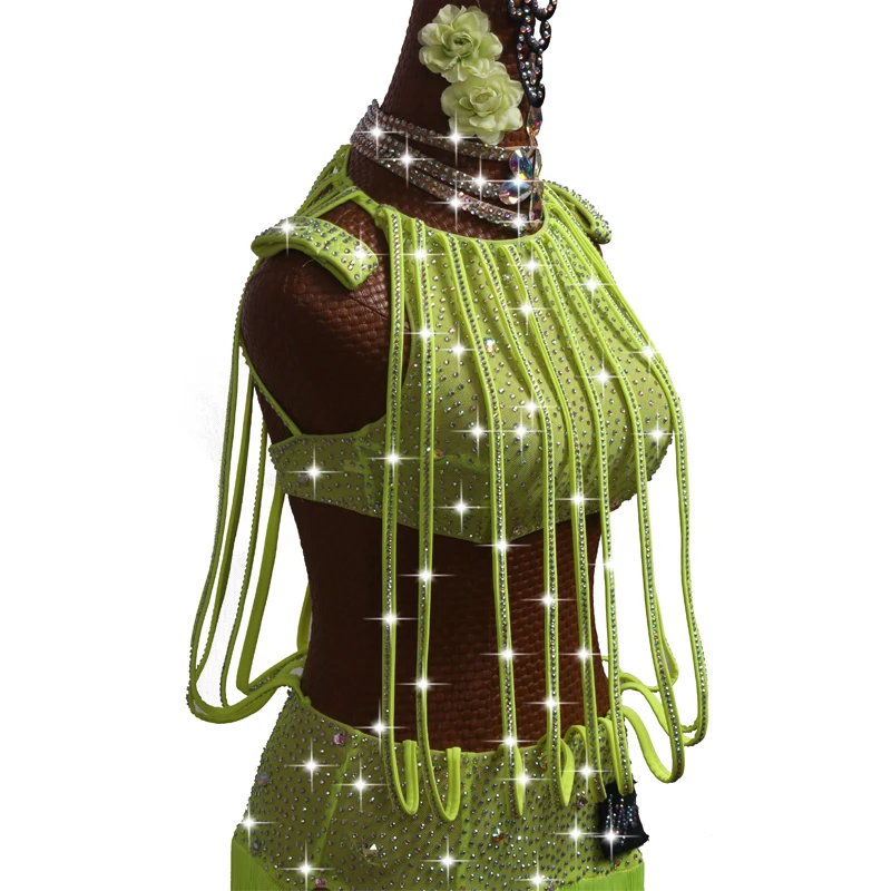 2019 латинское платье для танцев Для женщин неоновый зеленый лента со стразами Falda