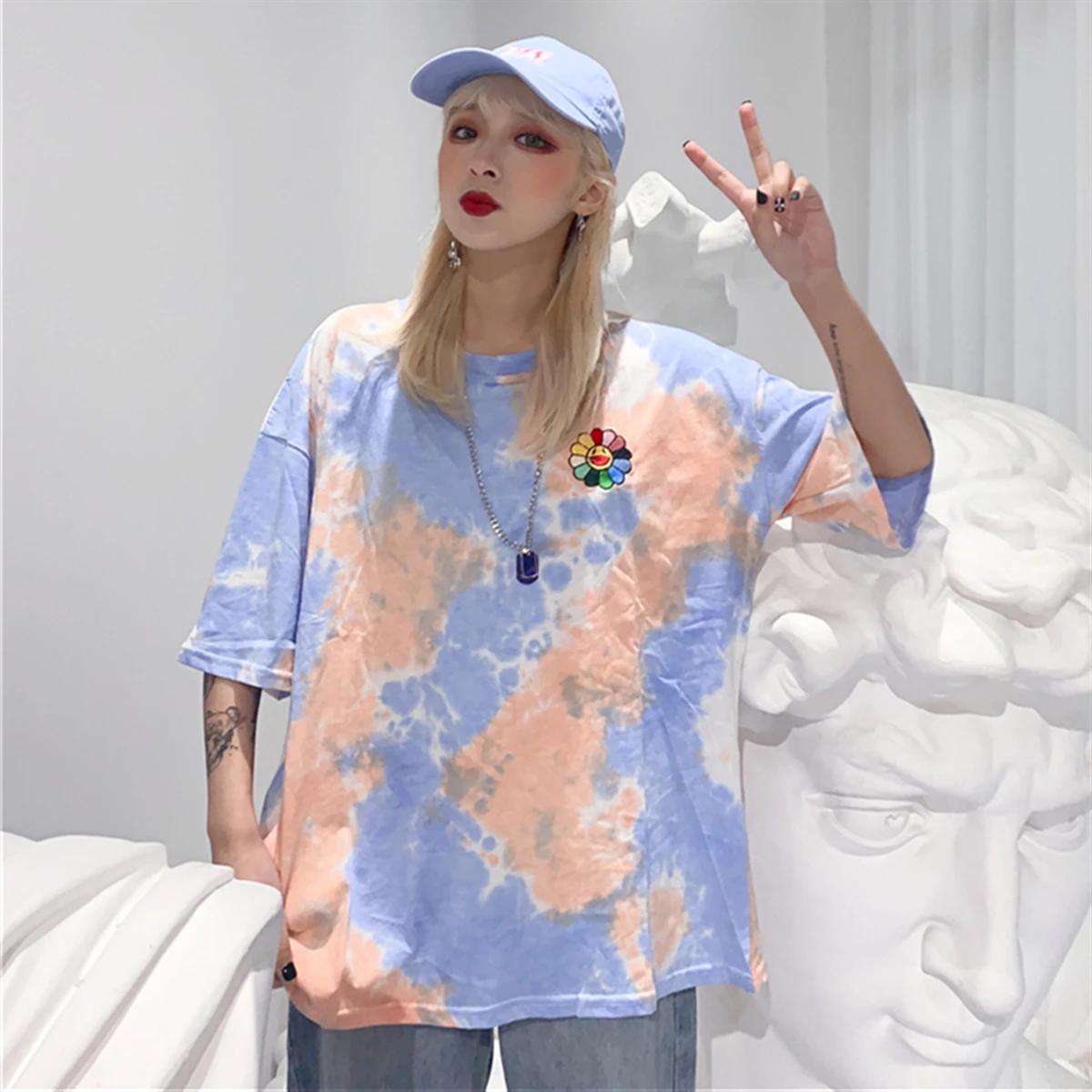 Модная футболка женская летняя одежда корейский стиль Ulzzang Harajuku Цветочные Emboridery галстук окрашенная Футболка женская Повседневная рубашка Топ