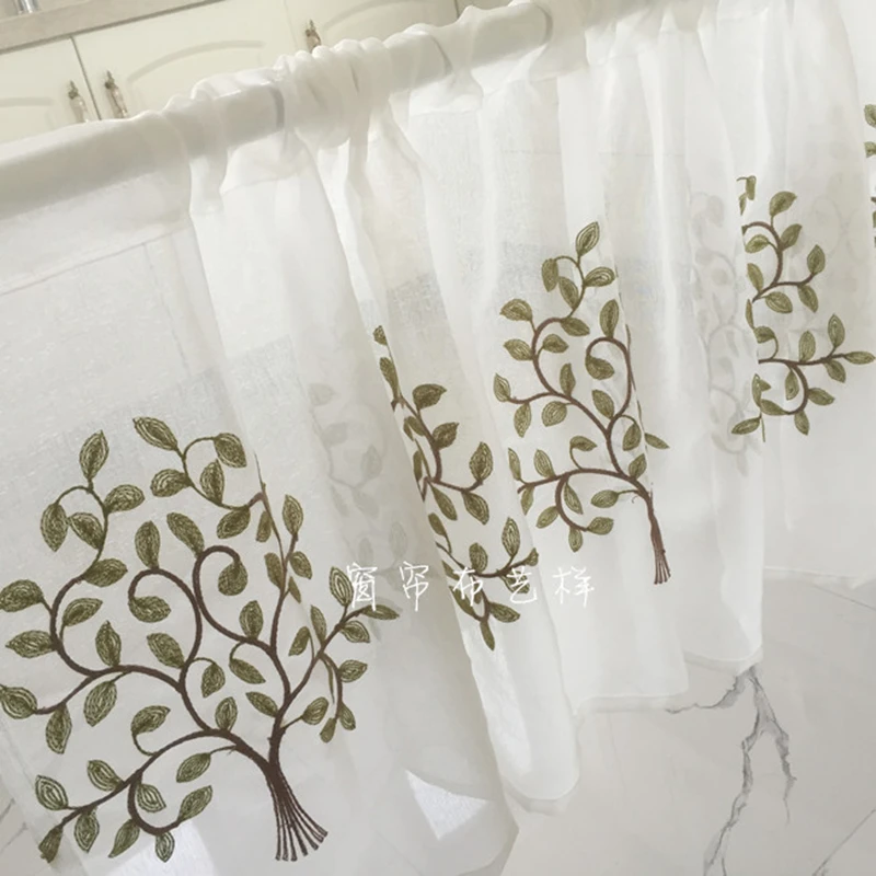 

Tulle Curtain Fashion Coffee Yarn Green Tree Embroidery Pure White Curtain for Bar Kitchen Cabinet Door Children's Room