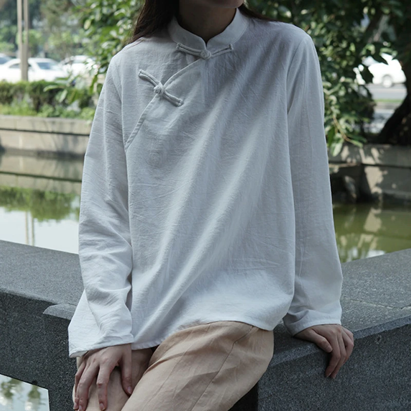 Фото Женская винтажная рубашка в китайском стиле Johnature мягкая однотонная Свободная из