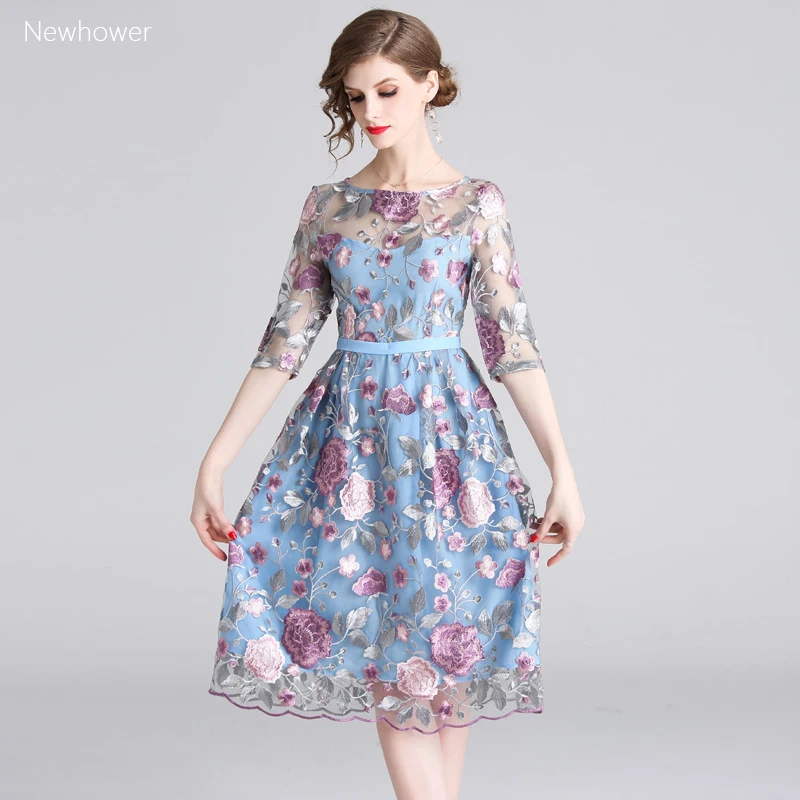 Newhower Vogue тренд для женщин летние платья кружево сетки Вышивка Питер Пэн воротник