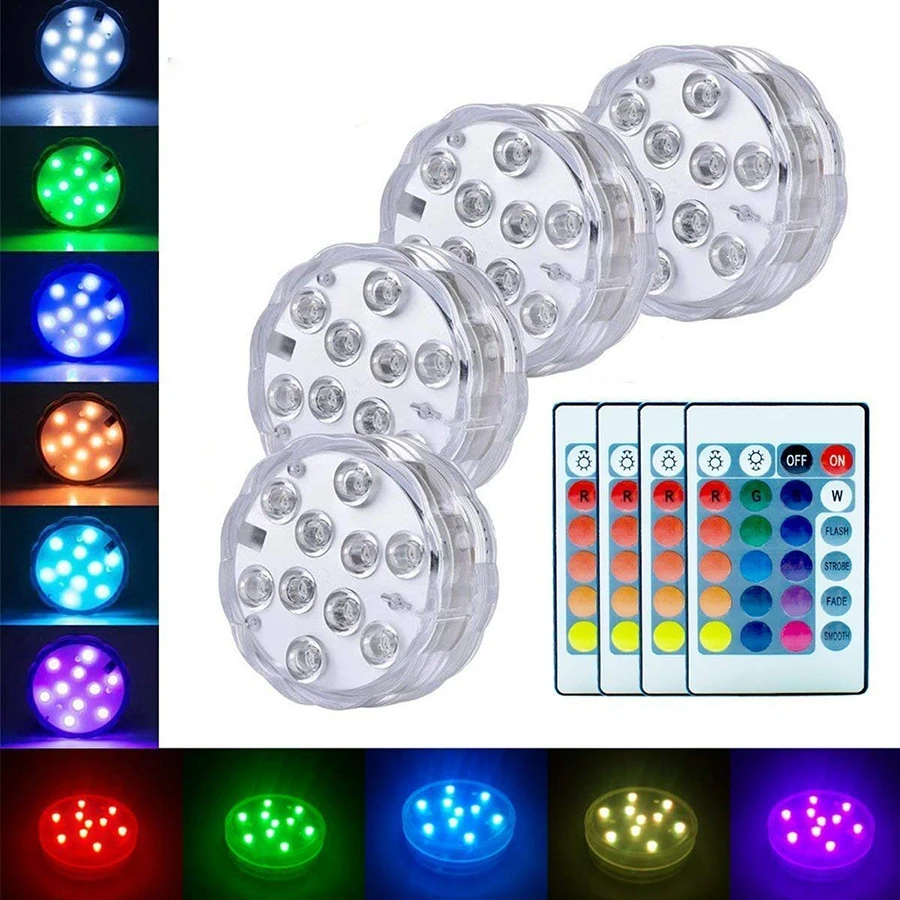 

10leds RGB Underwater Submersible Led Light Waterproof Battery Operated Pond Swimming Pool Light for Vase Base,Floral,Aquarium