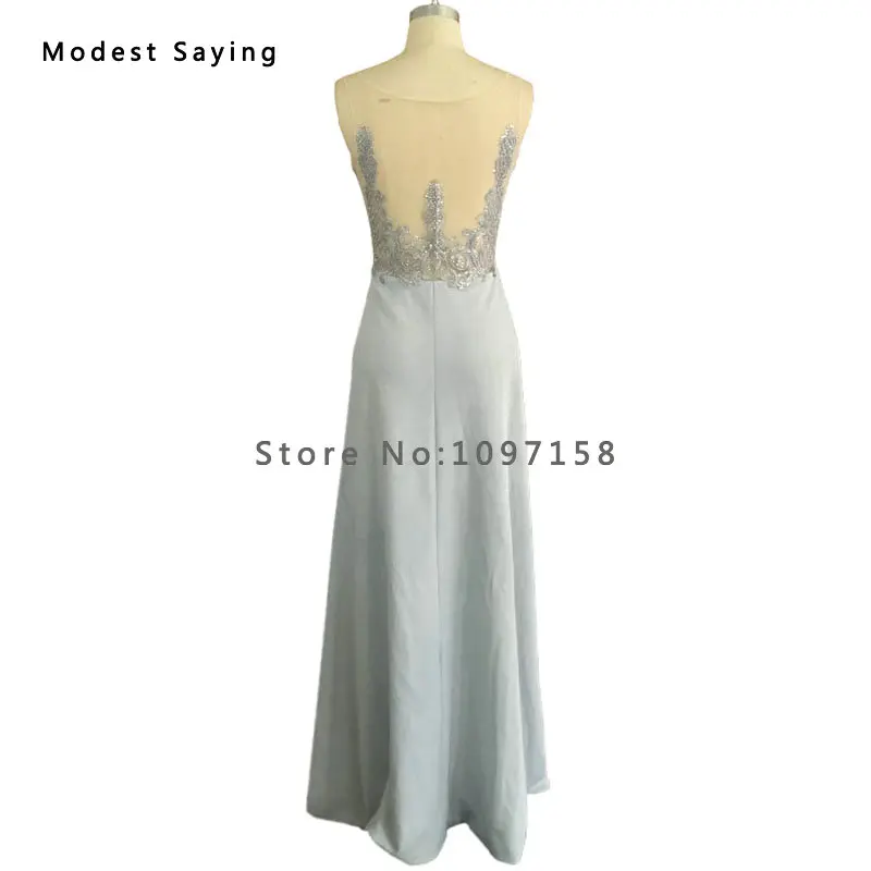 

Sexy Illusion Lace Back Silver A-Line Beaded Evening Dresses 2017 Formal Birthday Party Prom Gowns vestido de festa longo BE66