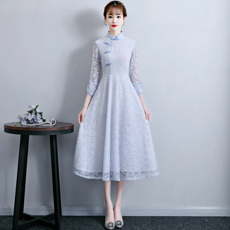 Модное кружевное платье Ципао в Корейском стиле с коротким рукавом Cheongsam Goddess