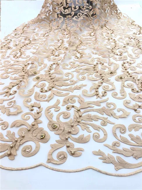 

2019 African Lace Fabrics French High Quality Bridal Beaded Nigerian Lace Tulle Lace Fabric For Wedding Dress F2