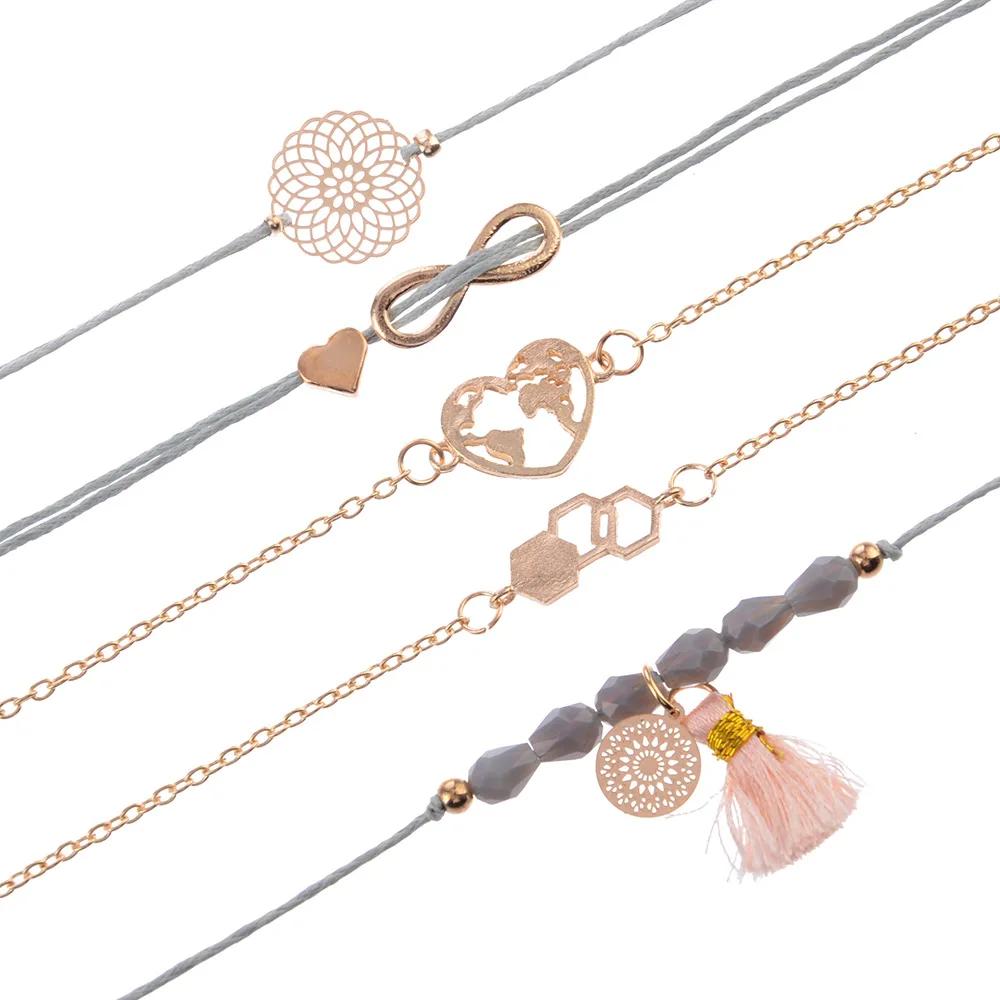 5 Pcs/ Set Classic Heart Map Bead Rope Geometric Multilayer Bracelet Women Fashion Bohemian Party Jewelry Gift | Украшения и