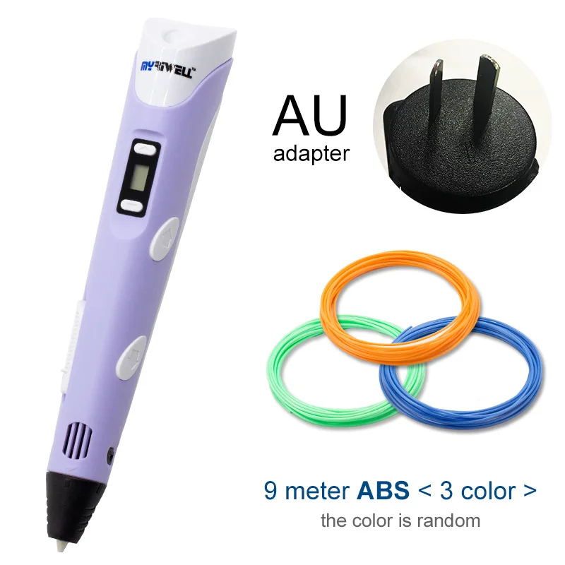 Myriwell, 3D ручка, светодиодный экран, сделай сам, 3D Ручка для печати, 100 м, ABS нити, креативная игрушка, подарок для детей, дизайнерский рисунок - Цвет: Purple AU