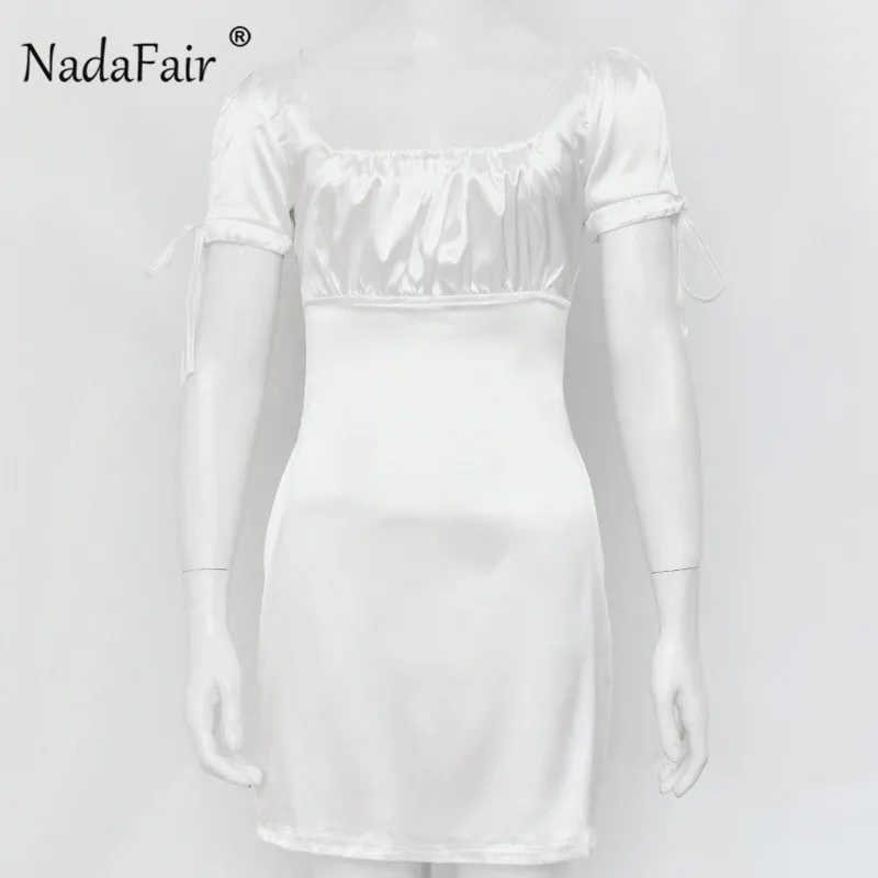 Nadafair, атласное, сексуальное, мини, летнее платье, для женщин, короткий рукав, шелк, вечерние, для клуба, ТРАПЕЦИЕВИДНОЕ ПЛАТЬЕ, с рюшами, квадратный воротник, винтажное, Повседневное платье