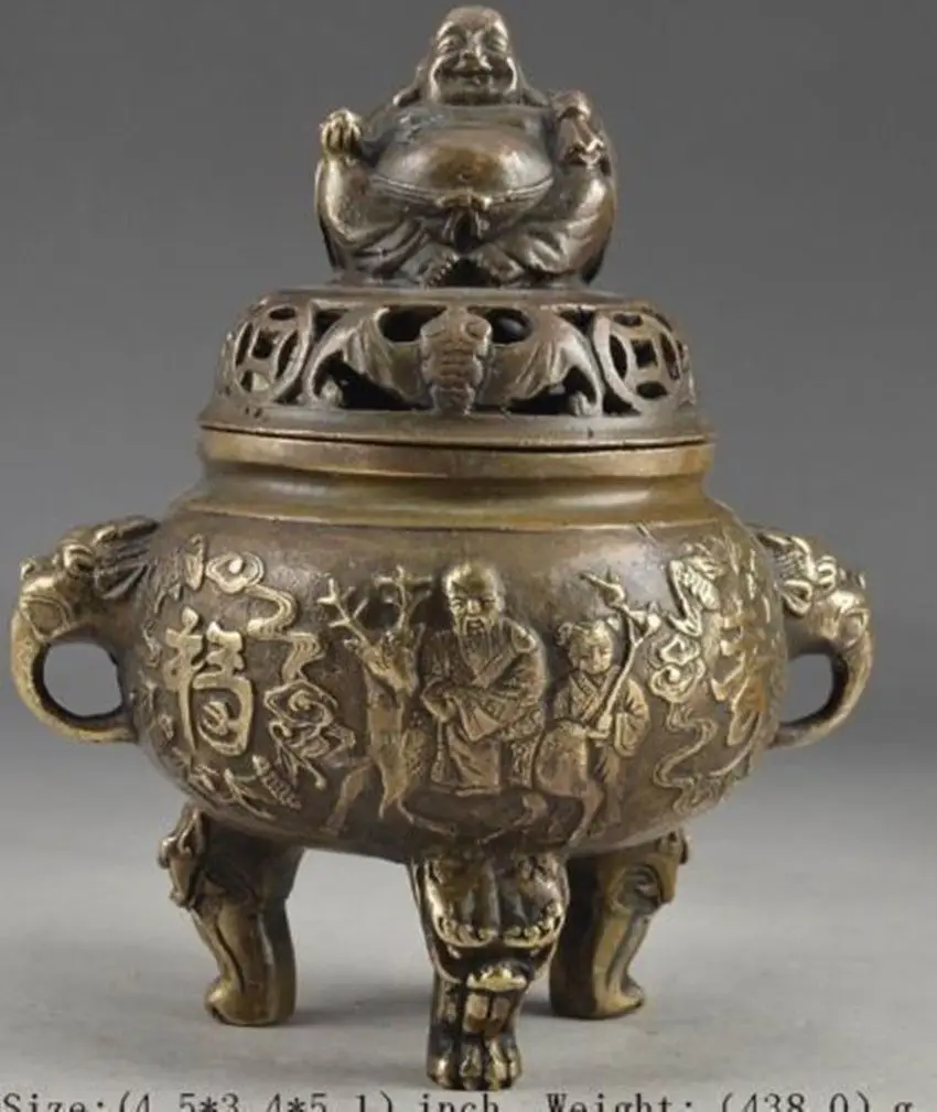 Chinese Brass Vintage Hand Hammered Buddha Exorcist Incense Burner Free shipping
