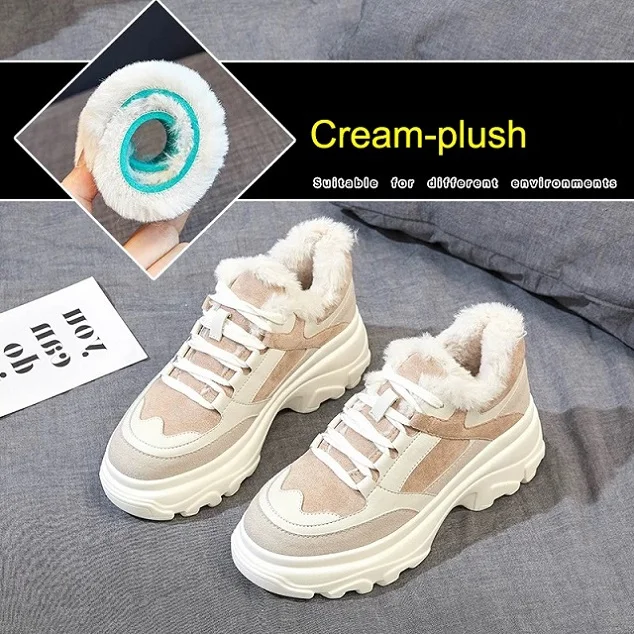 cream plush Dumoo/Женские повседневные кроссовки; зимние кроссовки с Плюшевым Мехом; теплая женская обувь на платформе 5 см; белая женская обувь; zapatillas mujer - Цвет: cream plush