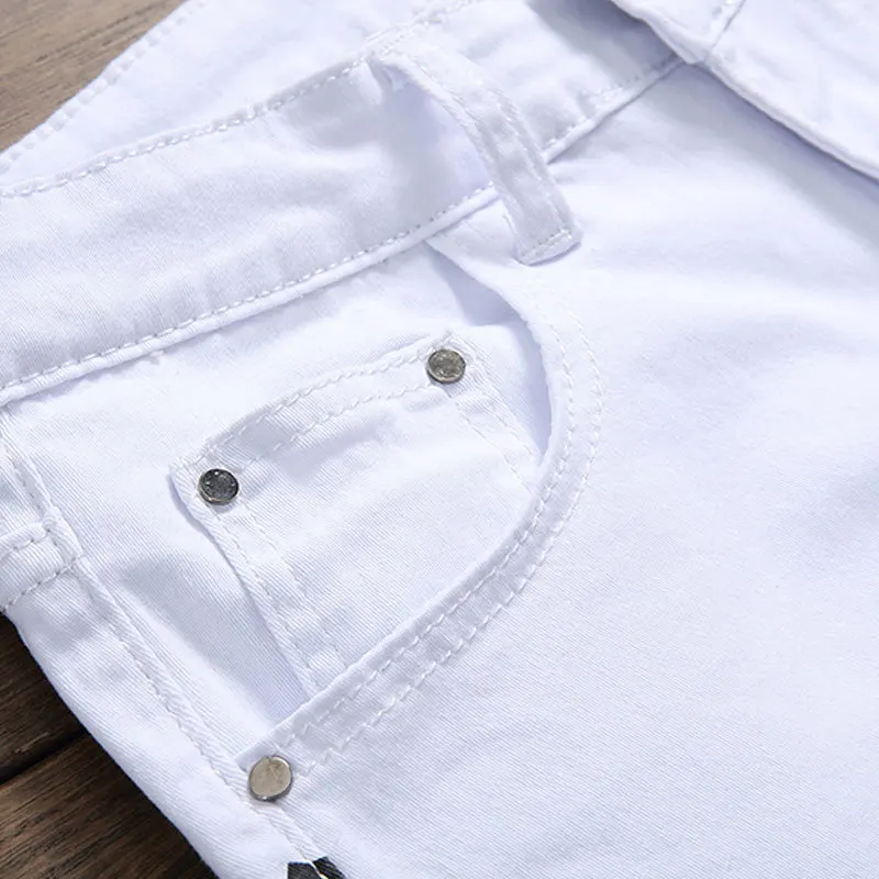 Jeans Men White Cotton Letter Print High Elasticity Slim Jean Pants Washed Mid Waist Straight Zipper Trousers Casual 28-42