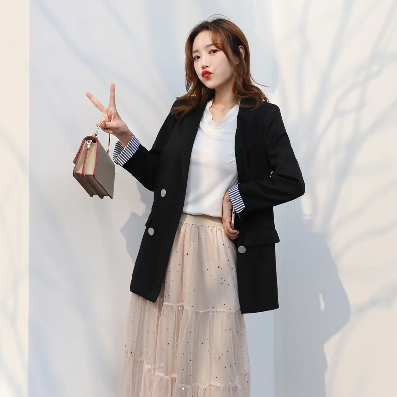 Женский двубортный Блейзер черный хаки с карманами в европейском стиле на весну