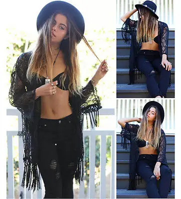 Long Sleeve Lace Cardigan Bikini Cover-Ups Beach Dress Crochet Black White Tassels Sunscreen Dresses Top Swimwear | Женская одежда
