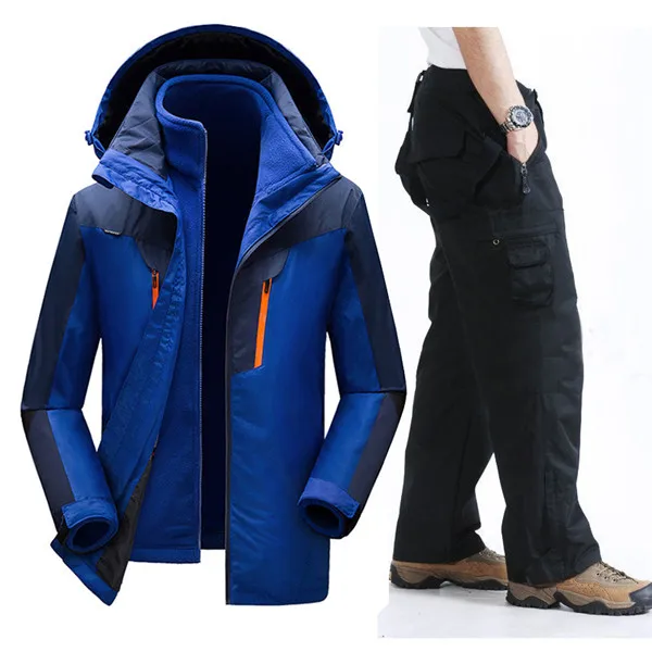 Синий Зимний лыжный костюм мужской ветрозащитный водонепроницаемый сноуборд лыжная куртка и брюки уличная супер теплая 2 в 1 Тепловая флисовая зимняя куртка - Цвет: Синий