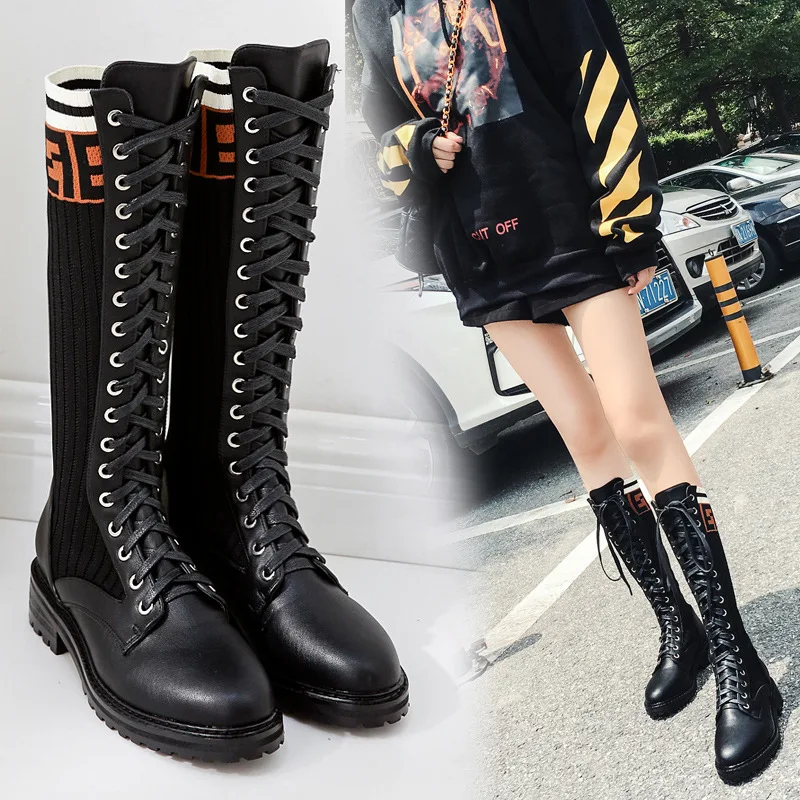 Winter Boots Women Lace Up Sock Ladies Martin Ankle Thigh High Booties 2018 Western Long Botas Mujers Autumn | Обувь