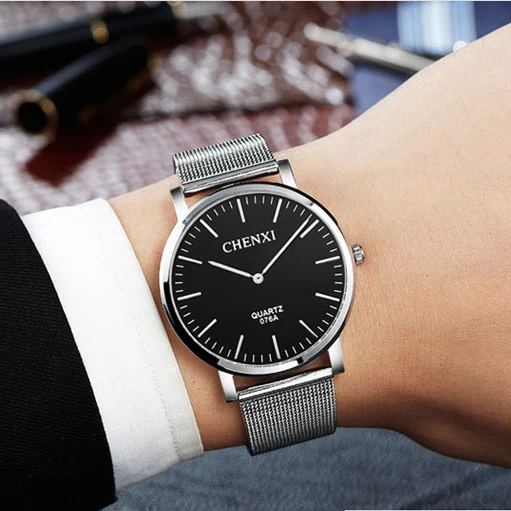Мужские кварцевые часы CHENXI из нержавеющей стали с сетчатым ремешком Серебристые