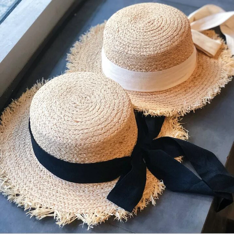 Шляпа женская из рафии Пляжная пляжная Соломенная Панама с бантом плоская лентой