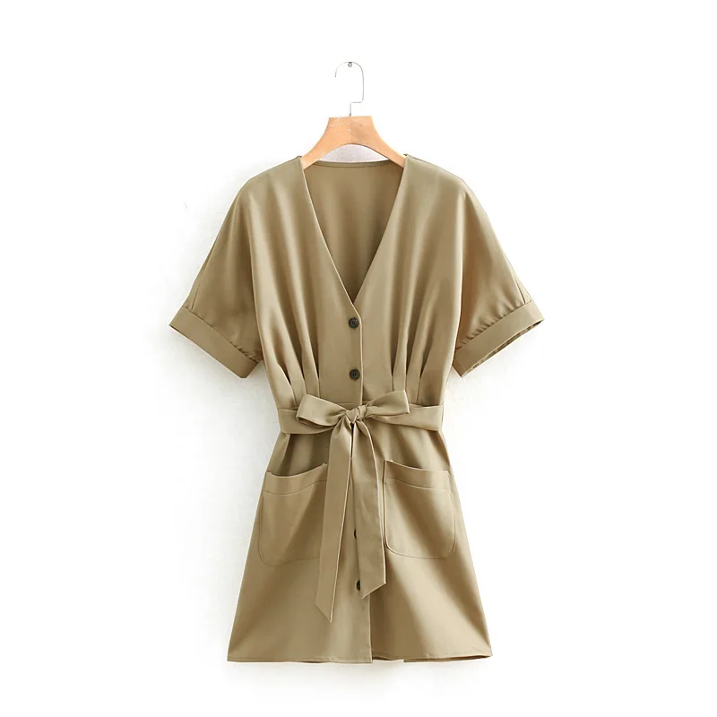 2019 для женщин Одноцветный мешок патч лук пояса платье Женский v средства ухода за