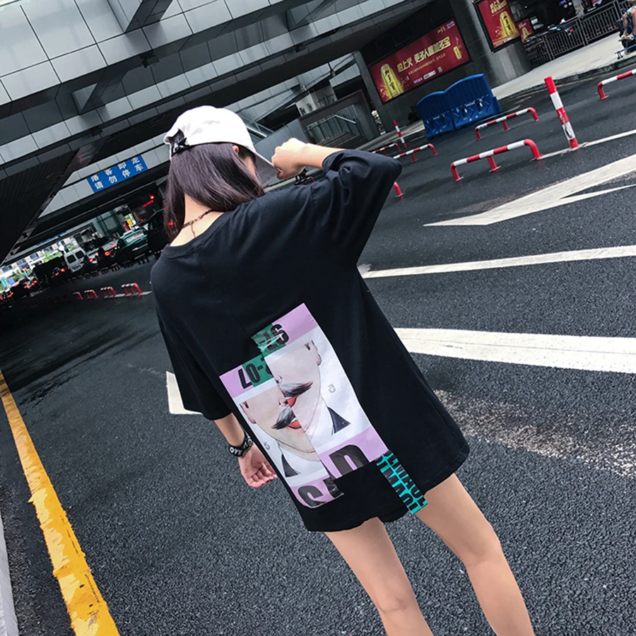 Летняя свободная Длинная женская футболка в стиле Харадзюку оверсайз Корейском