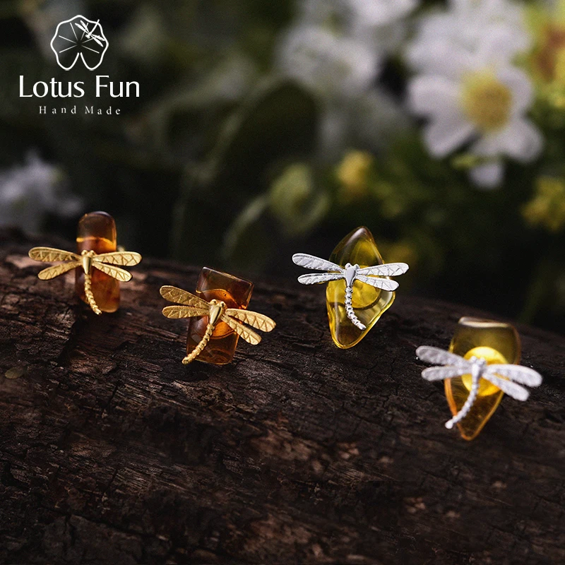 Lotus eğlenceli gerçek 925 ayar gümüş doğal Amber el yapımı güzel takı 18K altın sevimli Dragonfly saplama küpe kadınlar için brincos