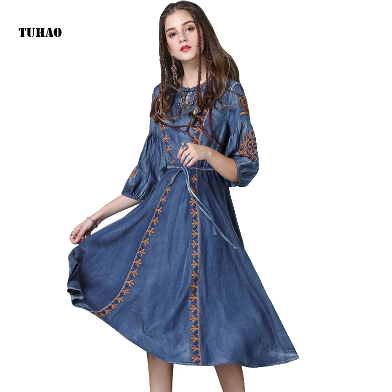 

Spring Autumn Embroidery Denim Dresses Women Three Quarter Drawstring Slim High Waist National Retro Vintage Dress #170682