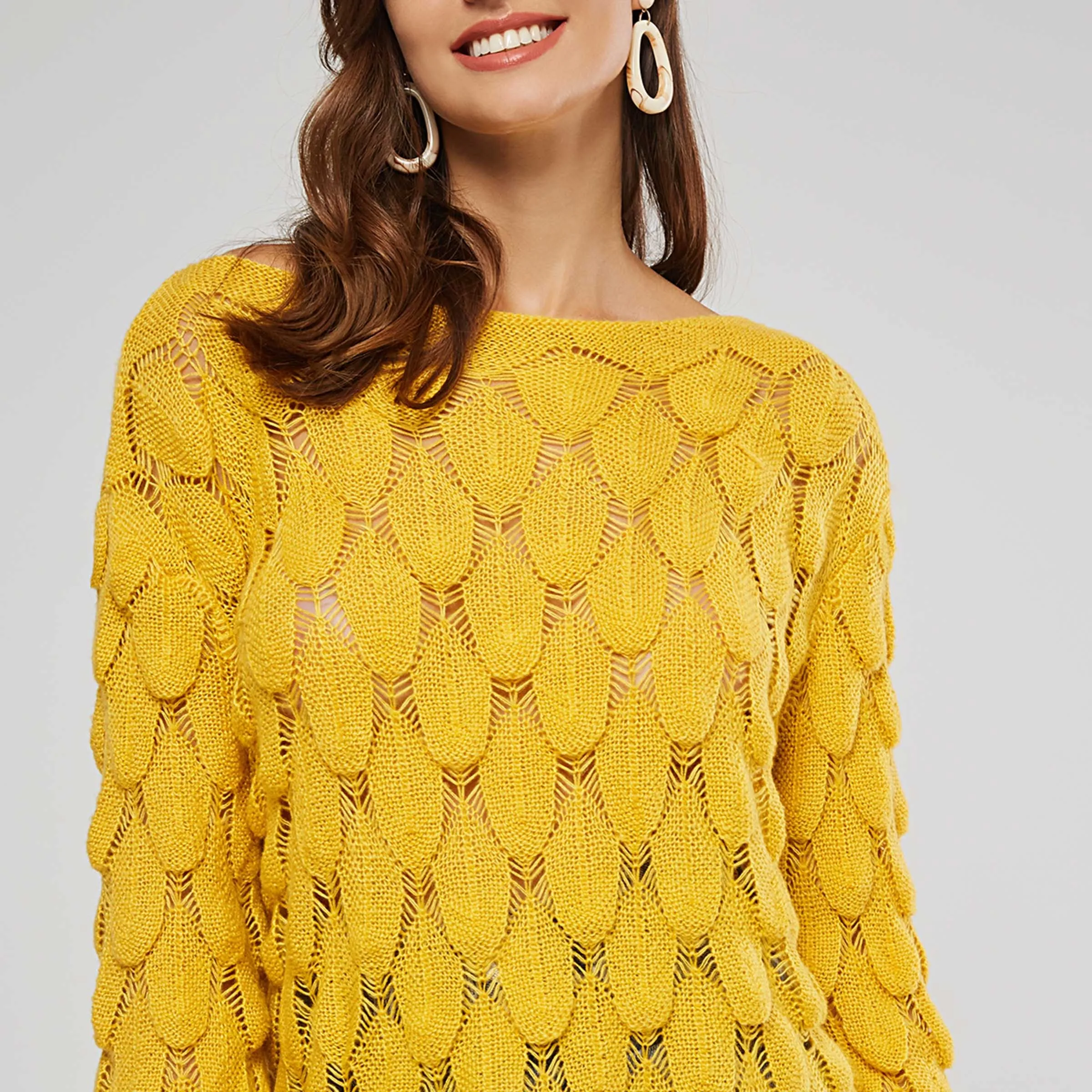 Women Sweater Pullover Fashion Plain Yellow Elegant Loose Scoop Neck Harajuku Pull Hollow Boho Casual Knitted | Женская одежда